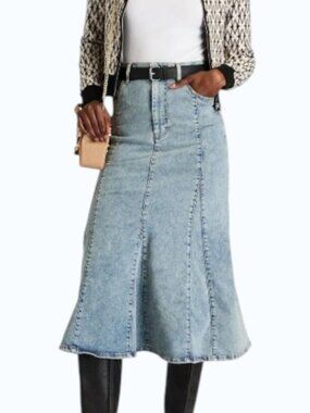 Maje Justina High Rise Denim Midi Skirt Western Chic Blue Jean Skirt Size 2